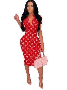 Chic Red Patterned Midi Dress